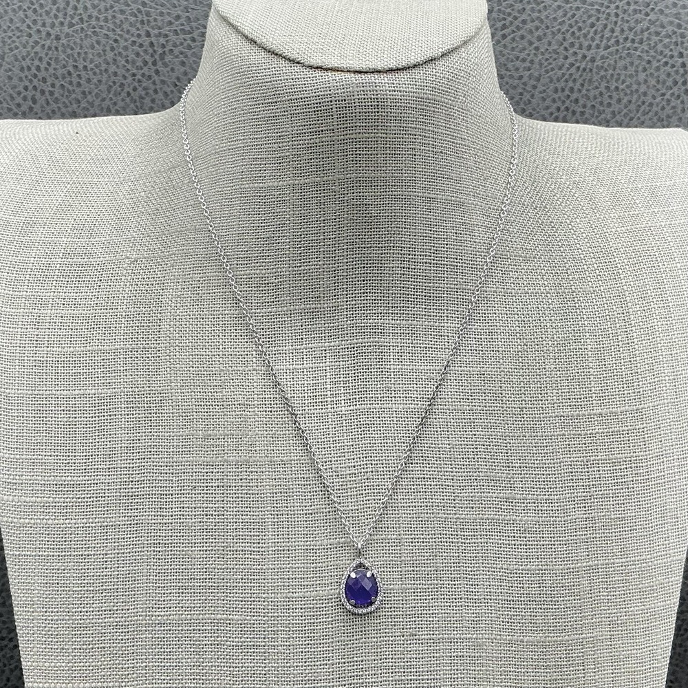 Bomb Party Necklace Rhodium Plated Purple Amethyst Teardrop Pendant Halo 18"